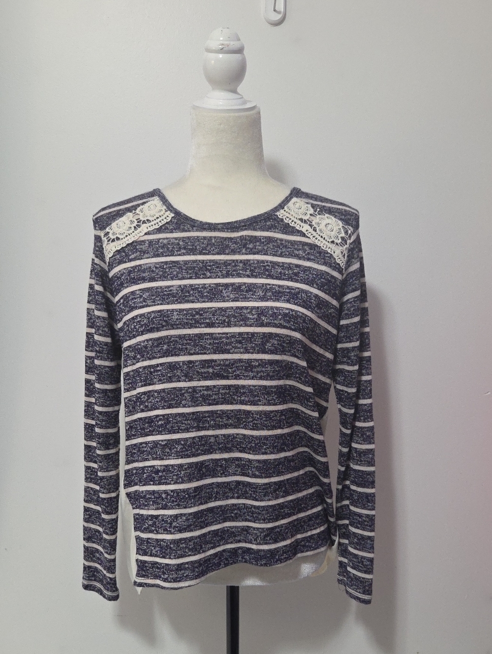Jolt Navy and White Striped Lightweight Sweater with Lace Shoulders